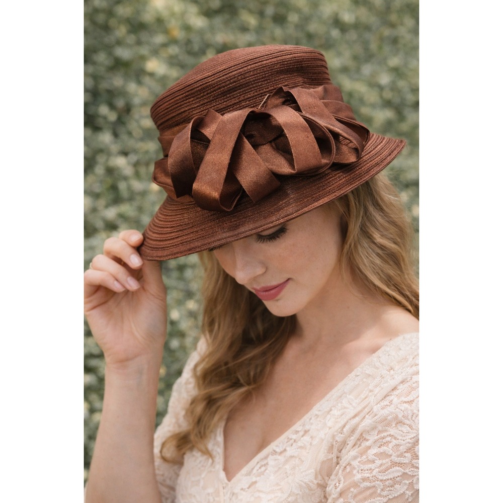 Vintage Whittall & Shon Brown Satin Wide‎ Brim Hat Italy Derby Church